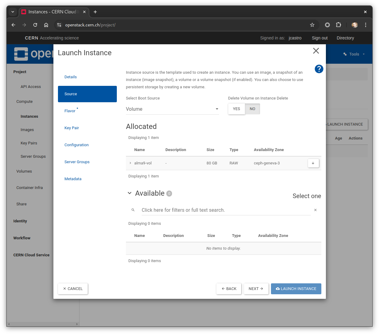 Launch instance from an existing volume