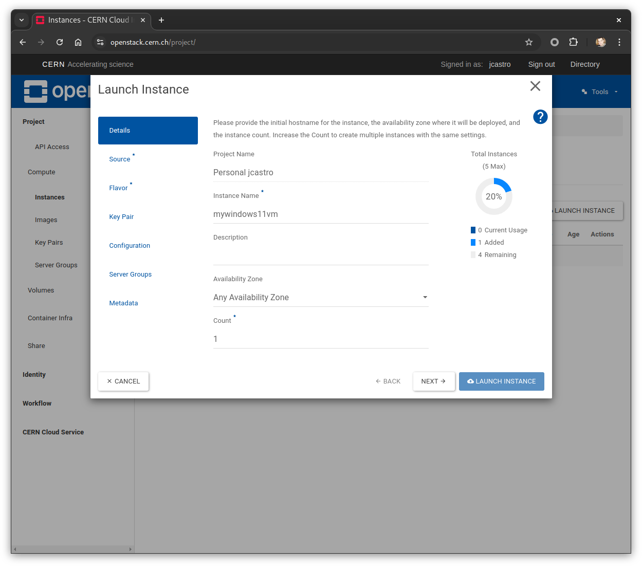 Launch instance